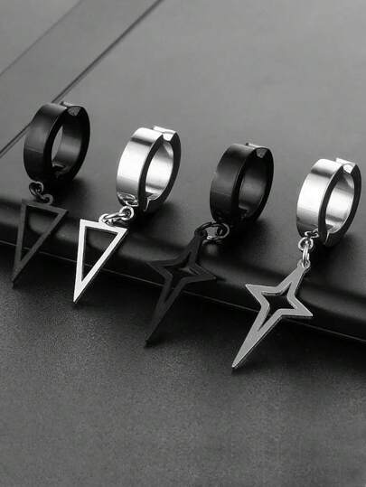 1件装不锈钢男士黑色夹式假耳环耳环几何三角形吊坠男女通用无耳洞耳环女士朋克哥特风饰品