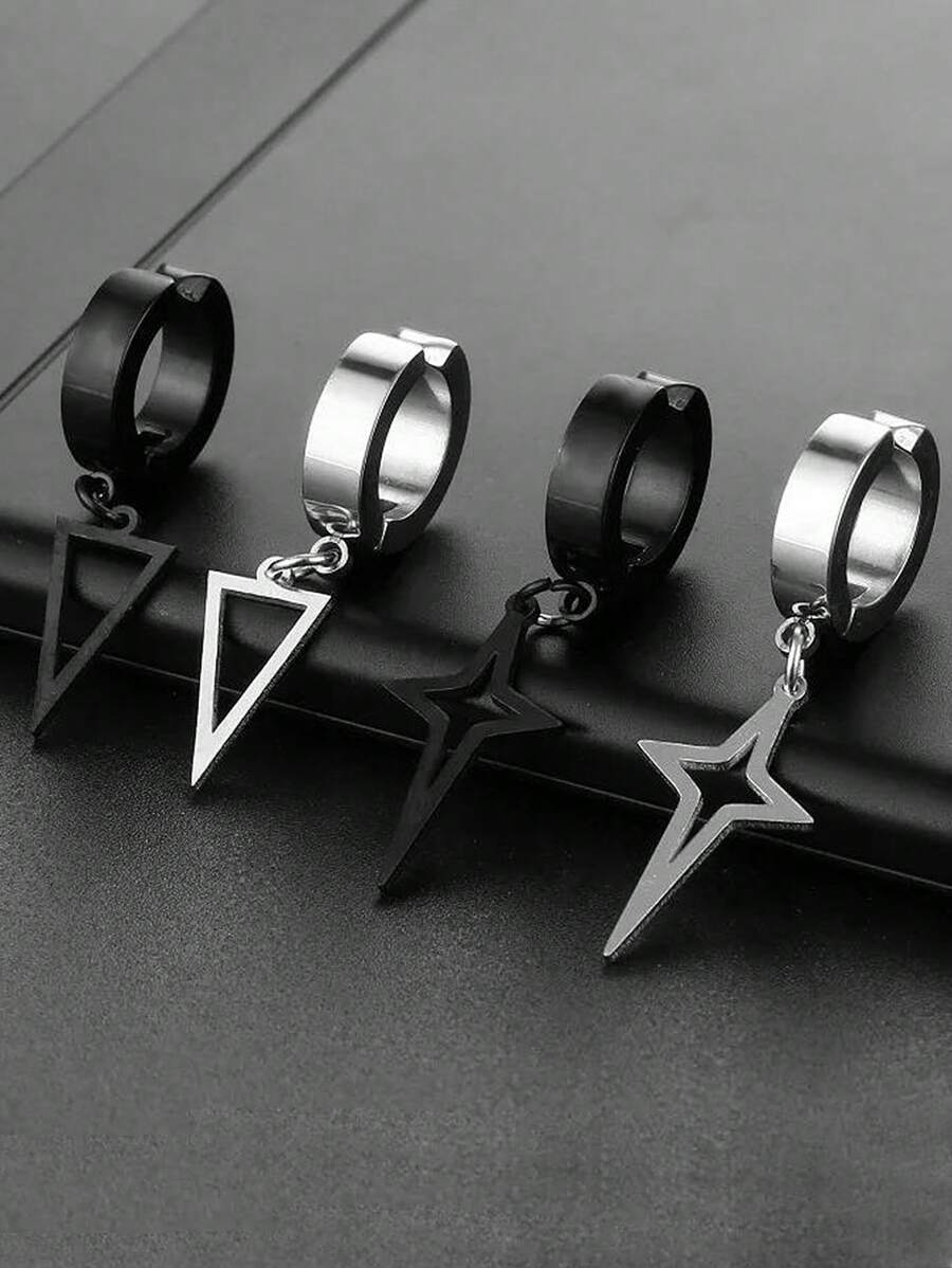 1件装不锈钢男士黑色夹式假耳环耳环几何三角形吊坠男女通用无耳洞耳环女士朋克哥特风饰品 - 無耳洞耳夾 - 查看 1