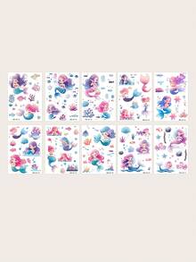 临时纹身贴纸 - 10 张装，图案包括可爱公主、海底世界动物、贝壳、海草、鱼，非常适合时尚领袖 - 彩色 - 查看 2