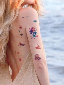 临时纹身贴纸 - 10 张装，图案包括可爱公主、海底世界动物、贝壳、海草、鱼，非常适合时尚领袖 - 彩色 - 查看 3