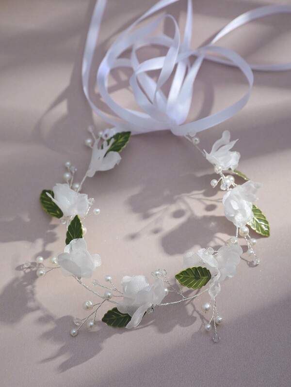 1pc White Mesh Flower & Green Leaf Faux Pearl Crystal Tie Headband, Sweet Headpiece Suitable For Wedding, Daily, Vacation Occasions