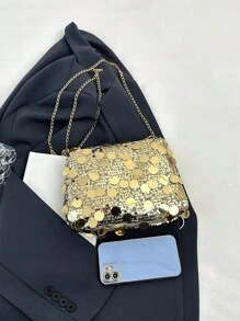 Fashion Glitter Sequin Rectangle Women's Bag, New Versatile Zipper Crossbody Bag, Unique Design Chain Strap Party Clutch - Gold - View 7