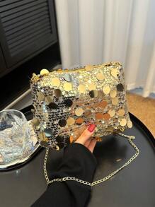 Fashion Glitter Sequin Rectangle Women's Bag, New Versatile Zipper Crossbody Bag, Unique Design Chain Strap Party Clutch - Gold - View 4