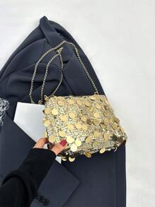 Fashion Glitter Sequin Rectangle Women's Bag, New Versatile Zipper Crossbody Bag, Unique Design Chain Strap Party Clutch - Gold - View 6