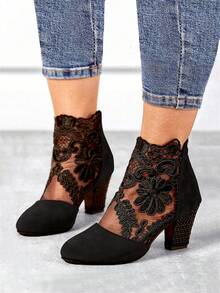 Botines cortos de encaje floral elegantes, de moda y cómodos con tacón alto para mujer, transpirables y sexys, adecuados para todas las estaciones - Negro - Ver 2