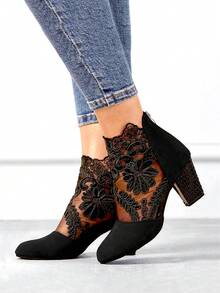 Botines cortos de encaje floral elegantes, de moda y cómodos con tacón alto para mujer, transpirables y sexys, adecuados para todas las estaciones - Negro - Ver 4