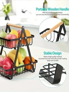 通用櫃檯水果和蔬菜籃，附有可拆卸碗和木柄 – 非常適合新鮮產品儲存和廚房整理，蔬菜，水果，食品，廚房， 廚房用品，廚房工具，廚房物品。