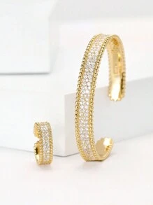 1 Set Of 2 Copper Bracelets & Rings Plated With 14K Gold And Cubic Zirconia, Suitable For Women Daily Wear