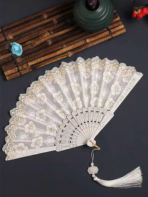 1pc White Sakura Pattern Lace Folding Fan With Elegant & Graceful Gold-Plated Frame, Suitable For Daily Use Halloween