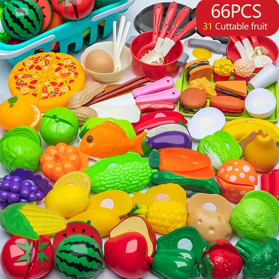 66 Pcs Fruit Cut Toys Chi Che Le Fun Toys Set Simulated Kitchenware Fruits And Vegetables Pizza - Multicolor - View 1