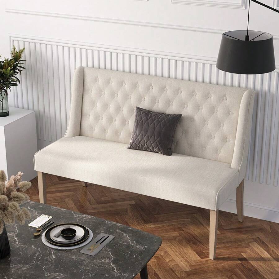 LIVINGANDHOME Living And Home Beige Upholstered Tufted Dining Bench - Beige - View 1