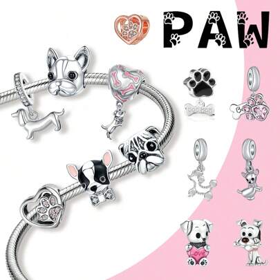 1 pieza Accesorios de joyería serie Mascotas, cuentas con forma de corazón, patrón de garras y huesos de perro, accesorios de joyería de aleación plateada de moda para DIY, accesorios de joyería semiterminada para el Día de San Valentín