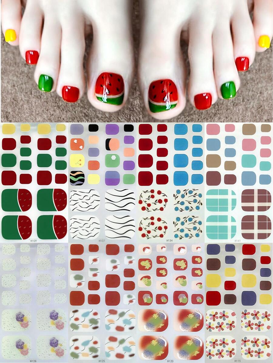 8片彩色腳趾甲條紋自粘腳趾甲貼紙，修飾美甲設計貼花贴完整套件，供女性、女孩美甲DIY使用，含3片指甲磨光板 - 玫瑰紅 - 查看 1