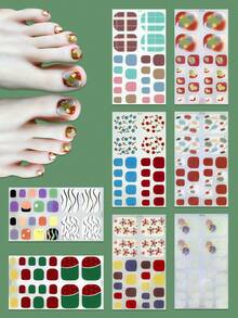 8片彩色腳趾甲條紋自粘腳趾甲貼紙，修飾美甲設計貼花贴完整套件，供女性、女孩美甲DIY使用，含3片指甲磨光板 - 玫瑰紅 - 查看 2