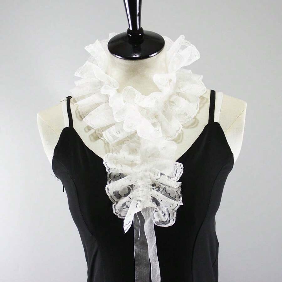1PC Black Unisex Vintage Lace Ruffled Detachable Collar Victorian Edwardian Costume Jabot Unisex - White G - View 1