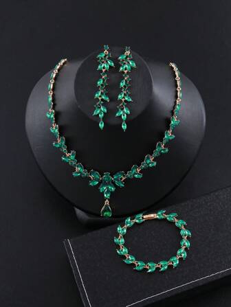 4pcs/Set High-End Women Jewelry Set, Necklace, Earrings, Bracelet, 3pcs Bride Wedding Party Accessories
