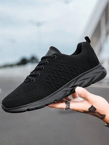 Nuevos zapatos deportivos para hombres transpirables y tejidos en verano, tenis ligeros, cómodos y con amortiguación para el uso diario, fitness, entrenamiento y carrera - Negro - Ver 3
