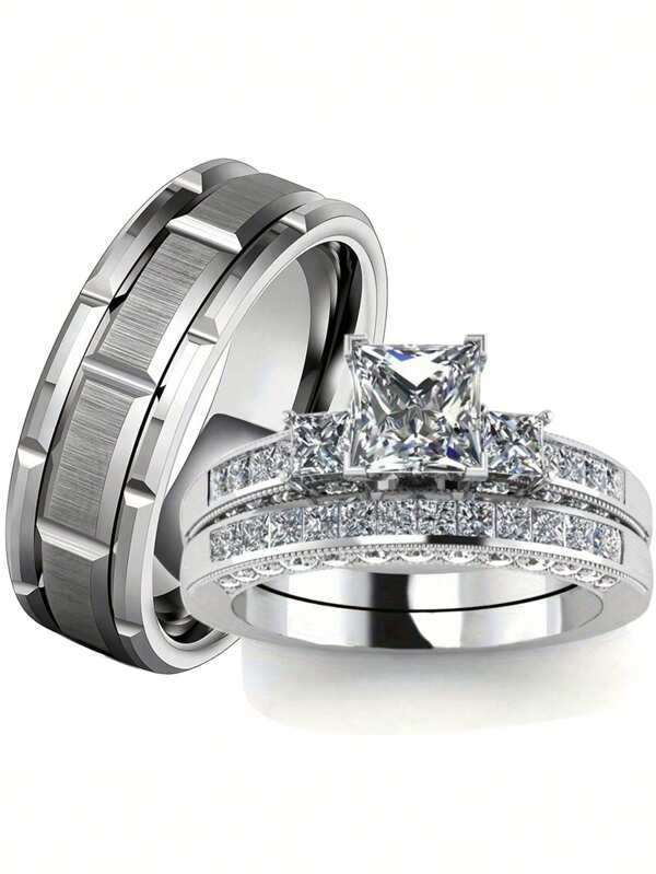 1 pièce Bagues de couple à la mode en argent pour amoureux, bagues pour hommes en acier inoxydable mignonnes pour femmes, ensemble de bagues avec strass en zircone pour fiançailles ou mariage, cadeau de la Saint-Valentin