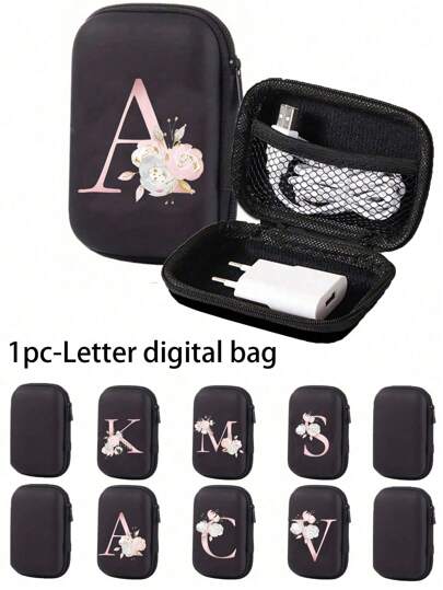 字母印花数码配件收纳盒，适用于电缆更换器的收纳盒，数码配件收纳袋，便携式双层电源硬盘保护套，旅行、学校、大学、办公室旅行收纳袋，化妆包，化妆包，度假收纳袋，大容量化妆品收纳盒化妆盒，适用于口红、刷子、护肤品、手机、硬币、小物品，适用于家庭、礼物、度假和节日万圣节圣诞节多功能用途，波西米亚风