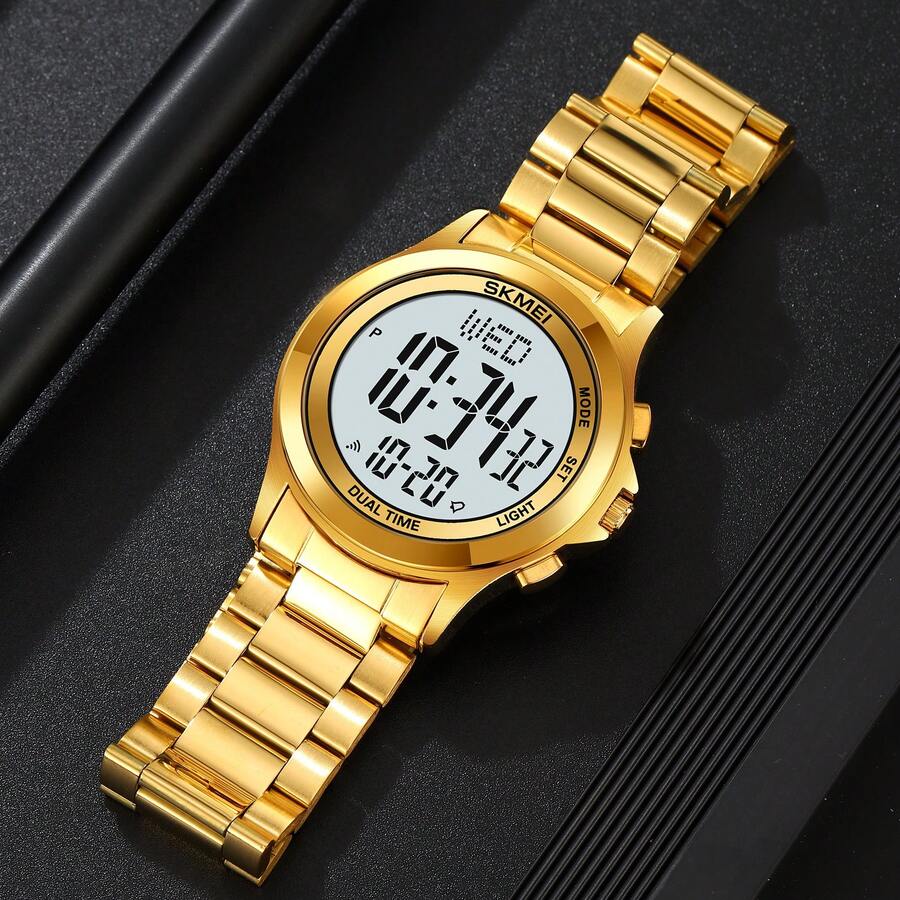 SKMEI商務男士不銹鋼防水手錶，搭配EL背光、碼錶功能，熱銷跨境電子手錶 - 金色 - 查看 1