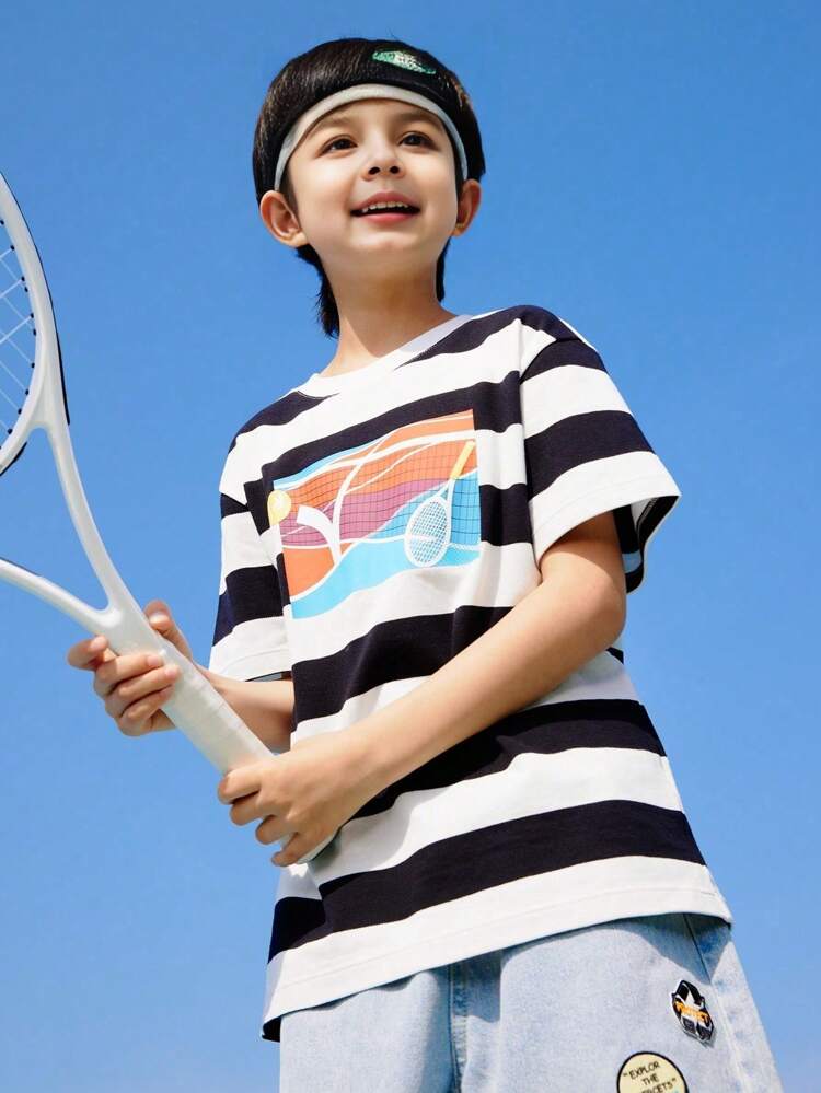 Annil Boys Summer Short Sleeve T-Shirt Casual Color Block Striped Stylish Round Neck Kids Top