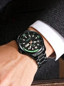 1入時尚大表盤防水黑色不鏽鋼男士自動機械錶，夜光，適合日常佩戴和送禮