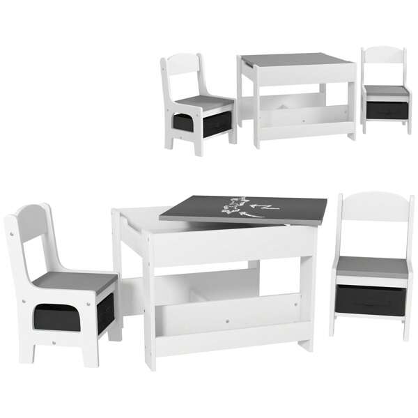 HOMCOM Set Tavolino per Bambini e 2 Sedie, Piano del Tavolo 2 in 1 con Lavagna, Contenitori e Vano Libreria, Grigio
