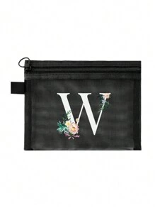 1个黑色网眼袋，雏菊图案，可定制字母A-Z，透明网眼化妆品收纳袋，多功能旅行便携袋，护肤品和化妆品收纳袋，学生文具袋，网眼拉链袋，旅行化妆品包装收纳袋，简约时尚，适合珠宝收纳、住宿、旅行、商务、游泳和家居收纳。 - 黑色 - 查看 34