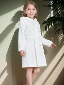 1pc Solid Color Hooded Flannel Kid's Robe (With Belt), Bathrobe, Homewear