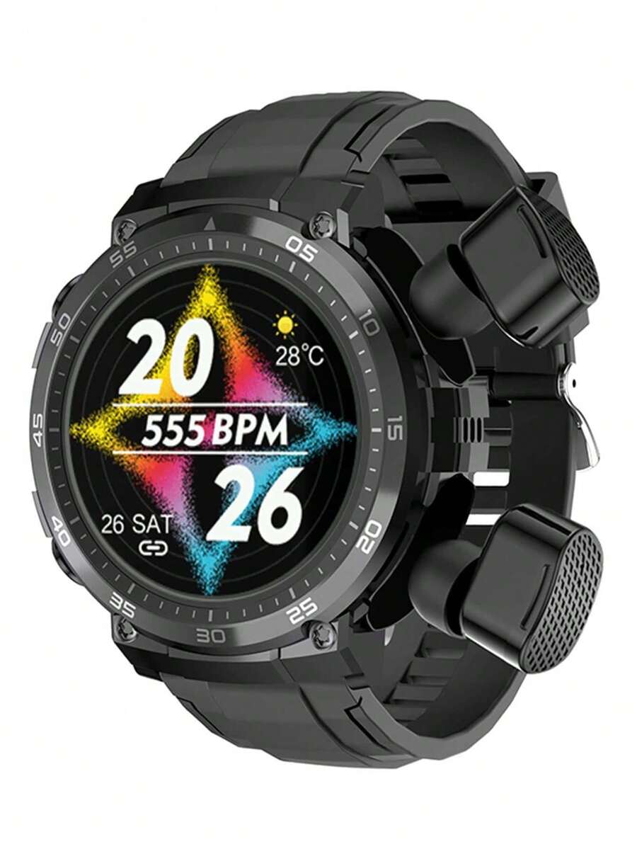 1入組時尚智能運動音樂耳機健康監測手錶，具備心率、血氧檢測、通話、付款和卡路里追踪功能 - 黑色 - 查看 1