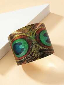 復古西部波希米亞風格孔雀羽毛印花金屬開圈手鐲 - 開口手鐲 - 查看 2