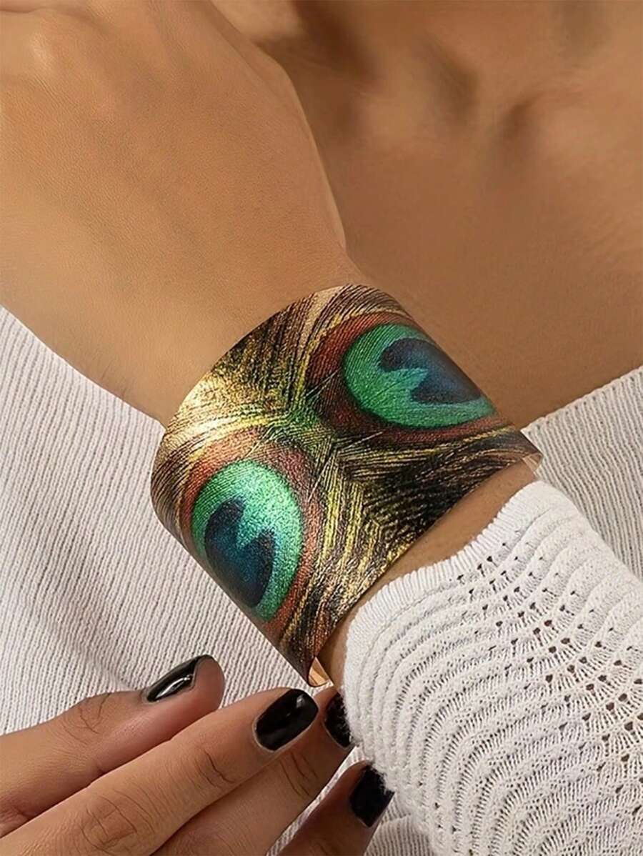 復古西部波希米亞風格孔雀羽毛印花金屬開圈手鐲 - 開口手鐲 - 查看 1