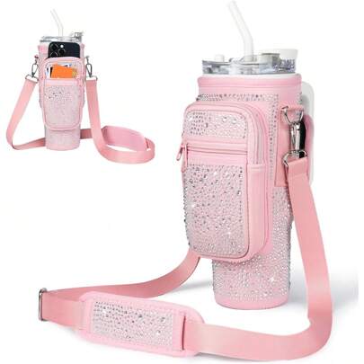 1 件高容量潜水材料 40 盎司隔热杯套带水钻装饰，可调节多功能杯套适用于户外活动水瓶