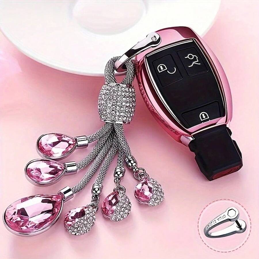 1pc Car Keychain, Reflective Crystal-Like Keyring, Bag Decoration Accessory, Car Key Component, Sparkling Keychain Accessory (Includes Key Tool) - Multicolor - View 1