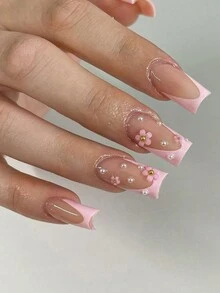 Conjunto de 24 uñas postizas cuadradas de tamaño mediano y largo con acabado francés rosa, con flores pequeñas en 3D, pedrería blanca y perlas falsas, para un estilo de moda sencillo, adecuado para fiestas, bailes y uso diario - Suministros de uñas - Multicolor - Ver 1