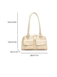 Large Capacity Work PU Tote Bag, Simple & Fashionable Women's Shoulder Bag With Multiple Pockets, Solid Color, Personalized & Large Capacity Handbag - Beige - View 2