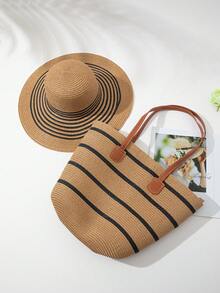 1pc Women's Wide Brim Sun Hat + 1pc Women's Fashionable Woven Straw Bag - Khaki - View 6