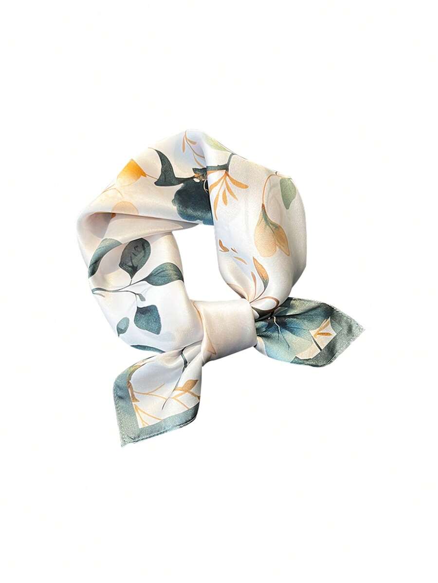 1 pieza Pañuelo de seda de mora 100% con estampado floral elegante, accesorio versátil de primavera para mujeres - Verde Oscuro - Ver 1