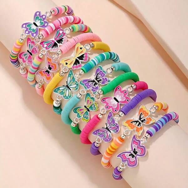 1/2/12pcs Delicate And Cute Butterfly,Cat,Unicorn,Fashion Soft Ceramic Piece Charm Beaded Bracelet,Alloy Enamel Accessories,Elastic Bracelet For Girls,Holiday Birthday Gift Set,Friendship Bracelet!