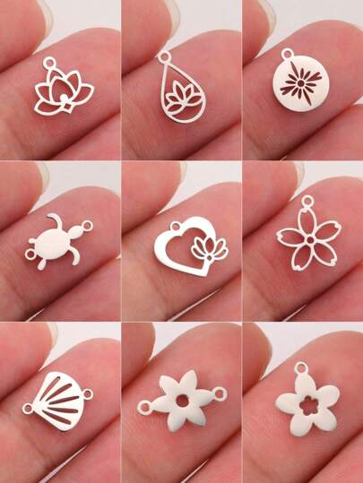 5pcs/Set Stainless Steel Lotus, Sun, Shell, Fireworks Mini Pendant For DIY Jewelry Making