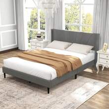 Bed Frame Modern Platform Bed With Linen Upholstered Wingback Headboard