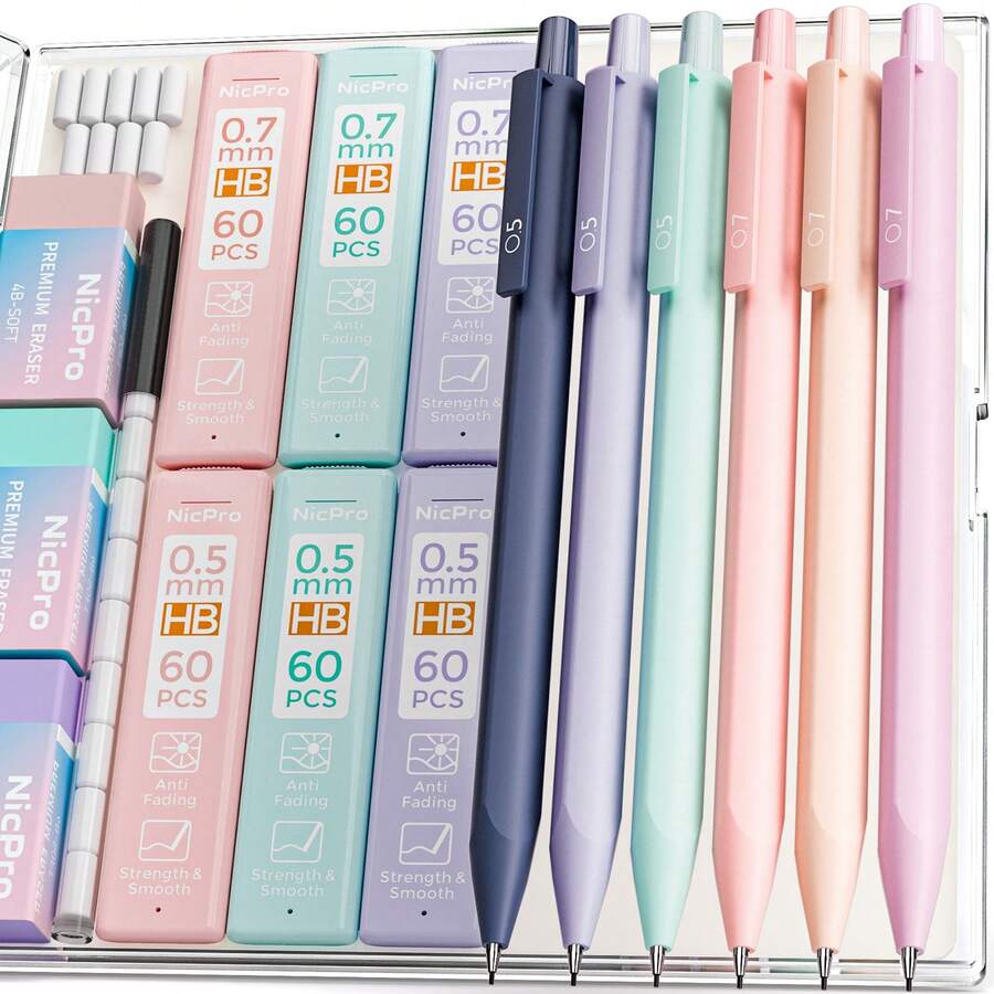Nicpro 6PCS Pastel Mechanical Pencil Set, 0.5 & 0.7 Mm With 6 Tubes HB Lead Refill, 3PCS Eraser And 9PCS Eraser Refill For Student Writing Drafing, Drawing, Sketching-With Cute Case