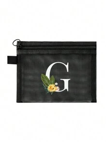 1个黑色网眼袋，雏菊图案，可定制字母A-Z，透明网眼化妆品收纳袋，多功能旅行便携袋，护肤品和化妆品收纳袋，学生文具袋，网眼拉链袋，旅行化妆品包装收纳袋，简约时尚，适合珠宝收纳、住宿、旅行、商务、游泳和家居收纳。 - 黑色 - 查看 28