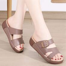 女士夏季拖鞋 PU 皮革防滑软底时尚厚底坡跟拖鞋户外穿着 - 棕色 - 查看 5