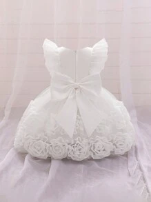 Váy hoa bé gái bằng vải satin lưới họa tiết hoa trơn màu thanh lịch không tay cho tiệc cưới, không bao gồm băng đô - trắng - Xem 2