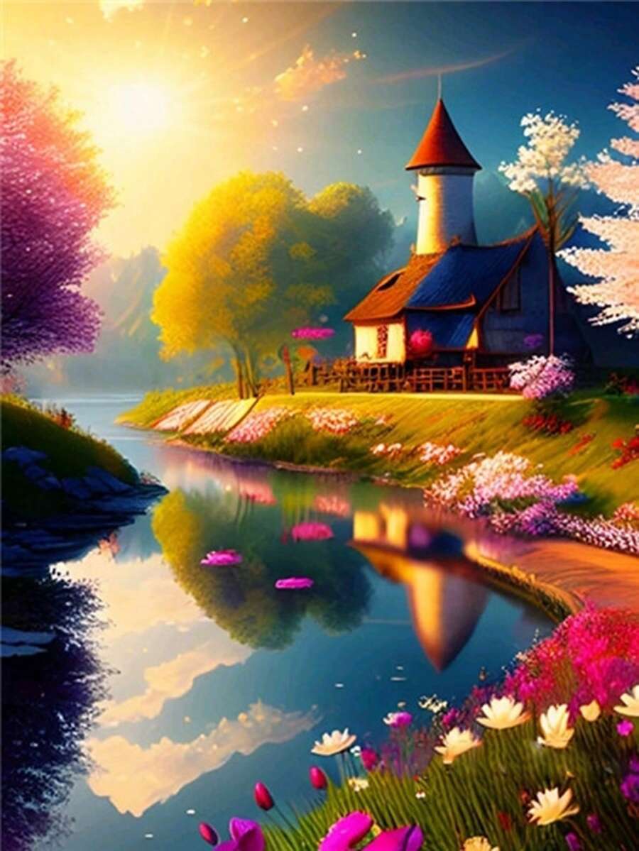 陽光下的河流5D鑽石畫套件 - 全鑽鑽石畫適用於成年人或初學者，鑽石藝術工藝適用於家居牆壁裝飾，客廳 - 彩色 - 查看 1