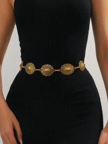 1件超大码/加大码西部风格腰带，材质为女士腰带/链条，波西米亚复古花卉雕刻哑光黑色纹理金属腰链，适合搭配西部牛仔裤，休闲、海滩、派对、节日等场合，XXL码，新年适用 - 金色 - 查看 5