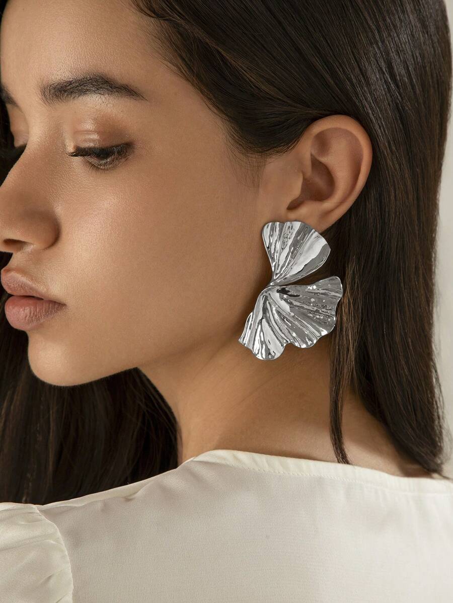 1pair Retro Fashion Geometric Metal Leaf Earrings For Women, Elegant