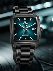 男士方形不锈钢自动机械表，工业风格，个性化夜光刻度 - 軍綠色 - 查看 4