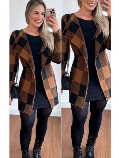 CASACO CARDIGAM XADREZ FEMININO FRIO MODA INVENO